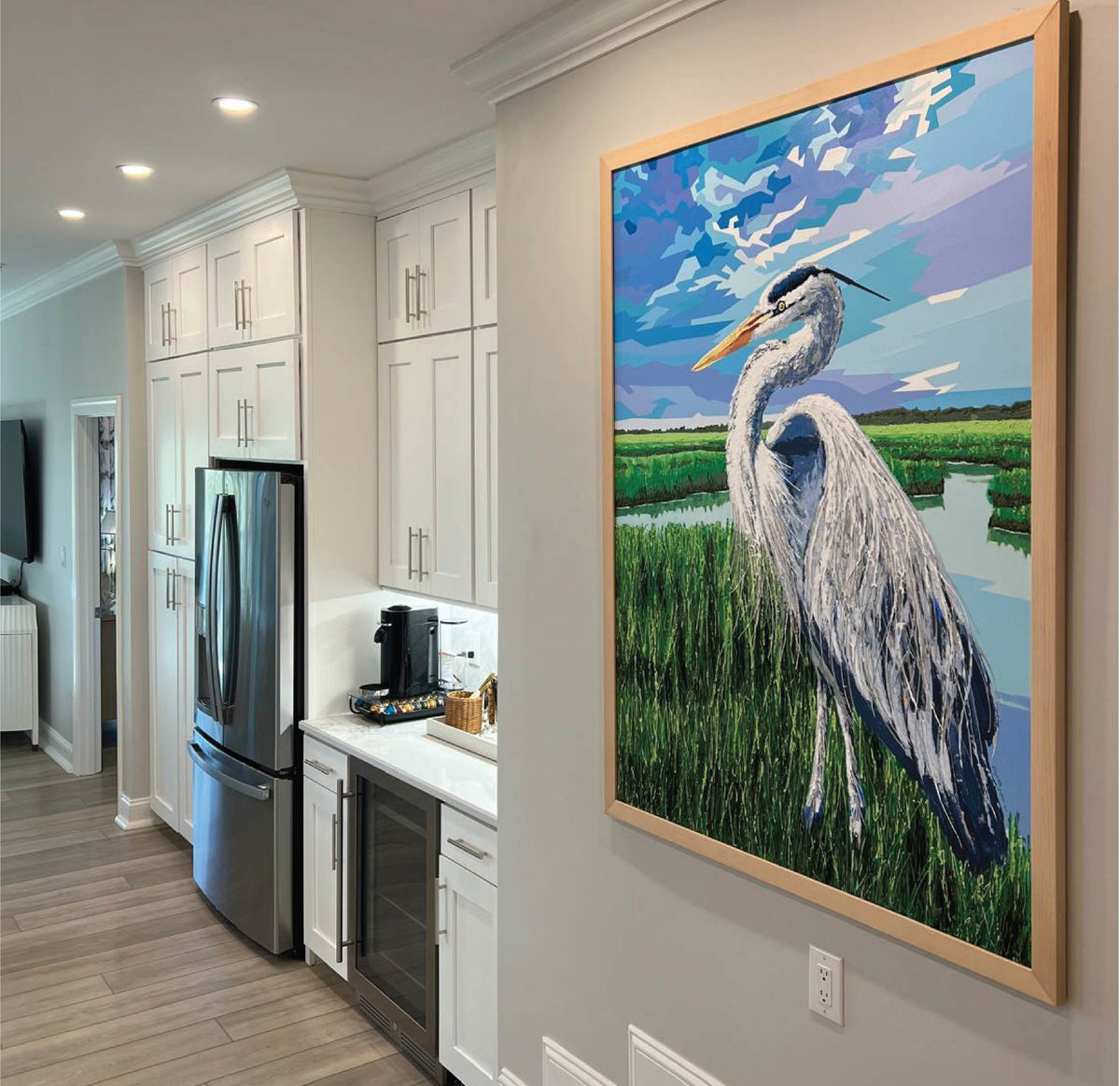 Kitchen with a painted heron artwork