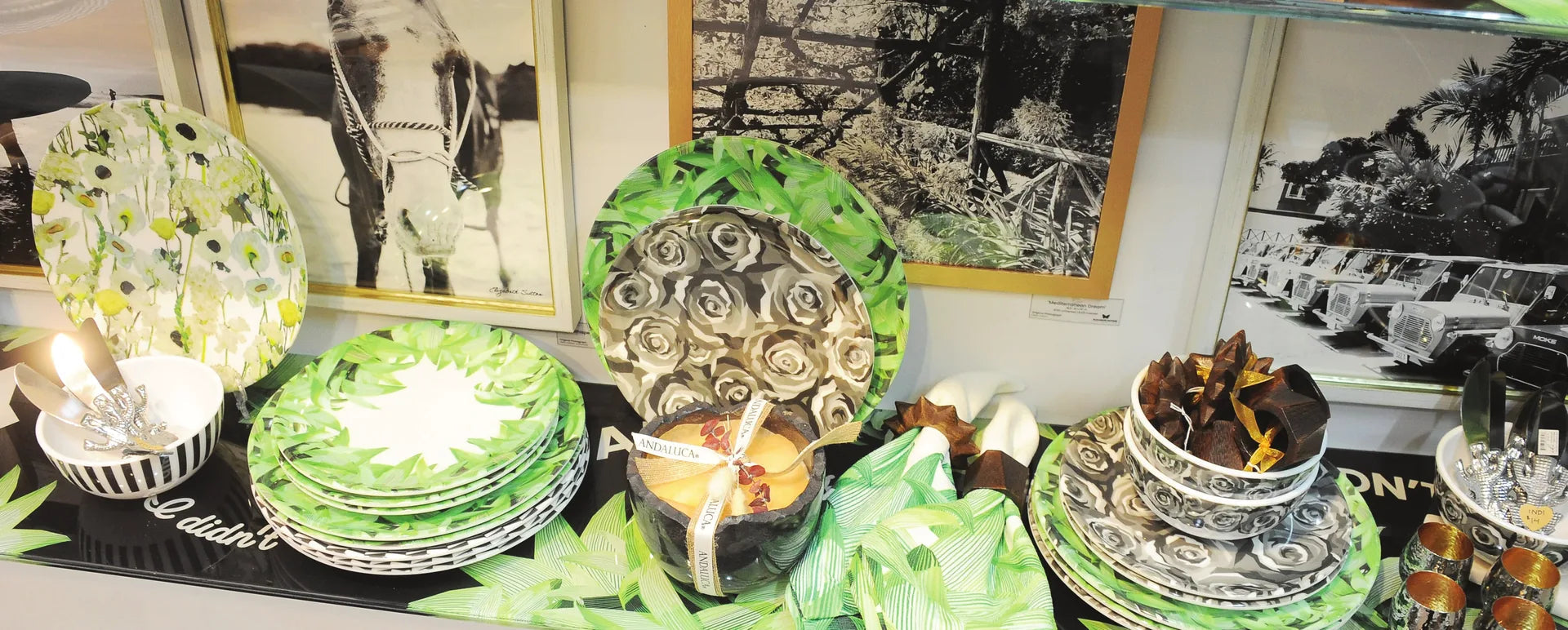 Melamine dinnerware and home decor styled at the Elizabeth Sutton Atelier