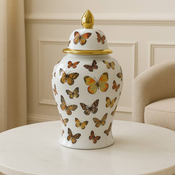 White and Gold Butterfly Lidded Jar, Large