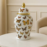 Decorative Jar- White/Gold Ceramic Tall Butterflies, 18 in.