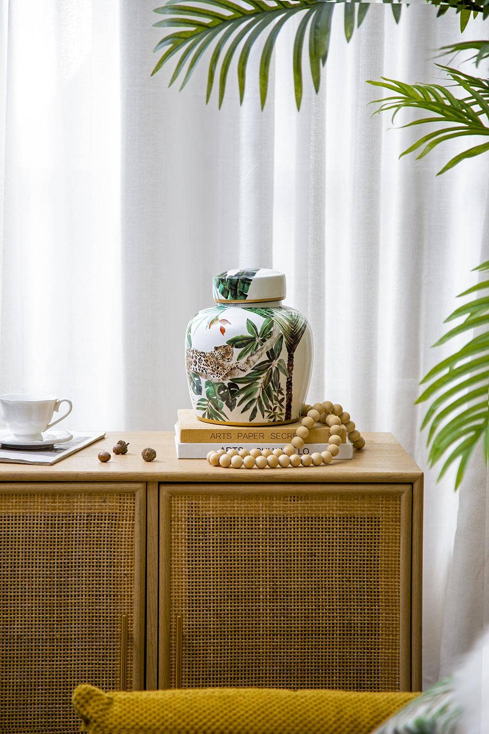 White and Green Leaf Lidded Jar