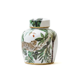 D8x9.5" White and Green Safari Leaf Lidded Jar