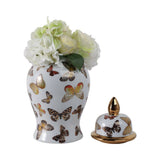 Decorative Jar- White/Gold Ceramic Tall Butterflies, 14.5in.