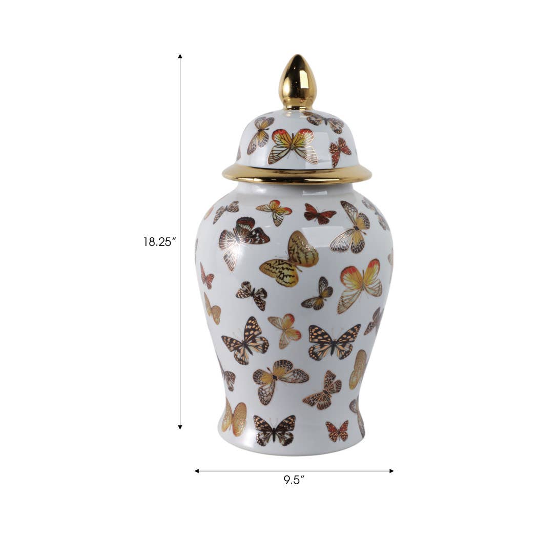 White and Gold Butterfly Lidded Jar, Large