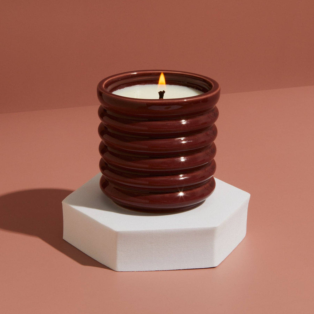 Contemporary Kiln Scalloped Candle, Burgundy - Floral