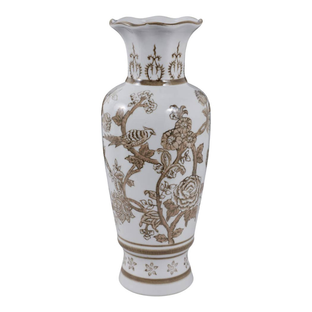 Brown and White Bird and Vine Vase