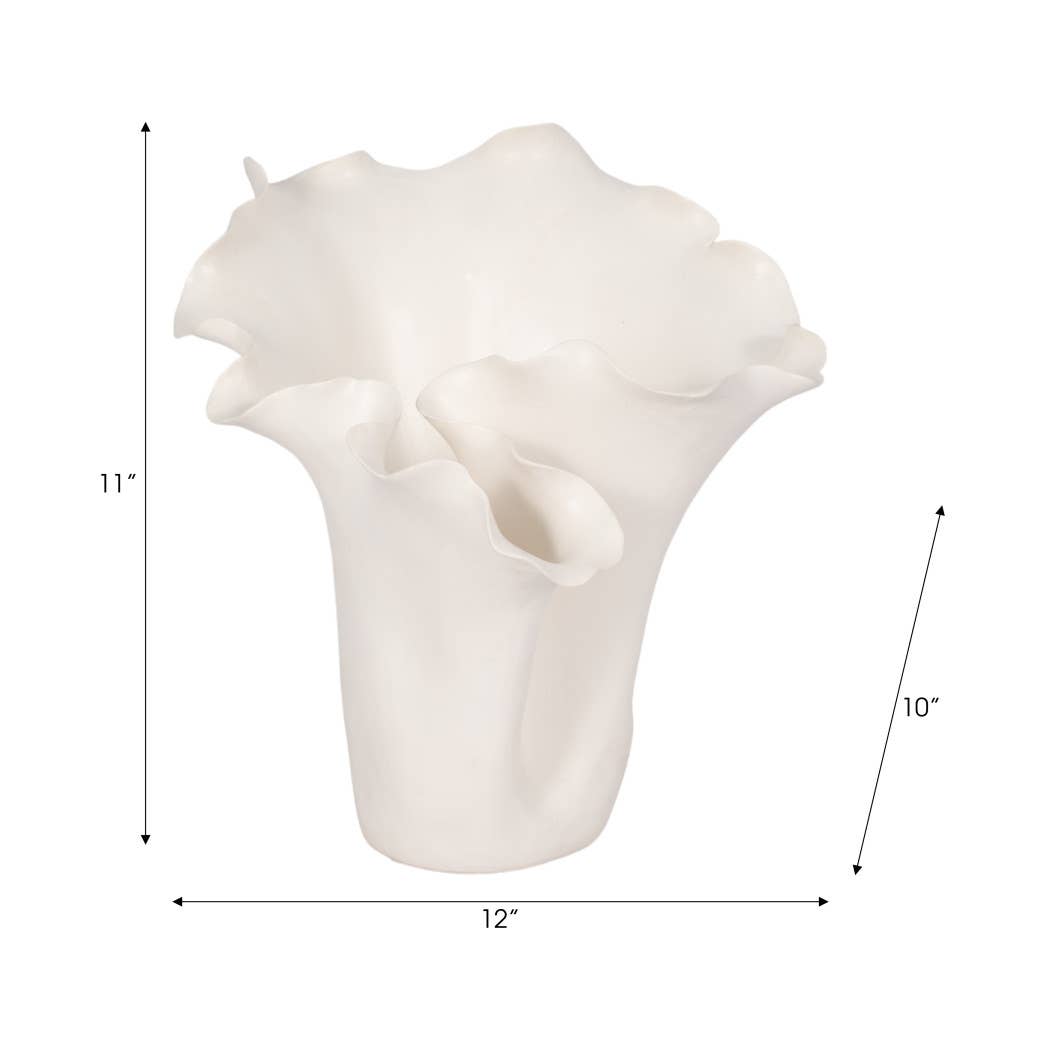 White Ruffled Edge Ceramic Vase, Medium