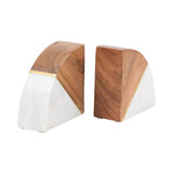 Bookends Set of 2 - White Marble Wood and Brass, 5 in.