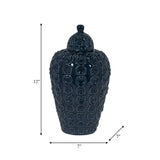 Decorative Jar - Blue Ceramic Chain Texture Lidded, 12 in.