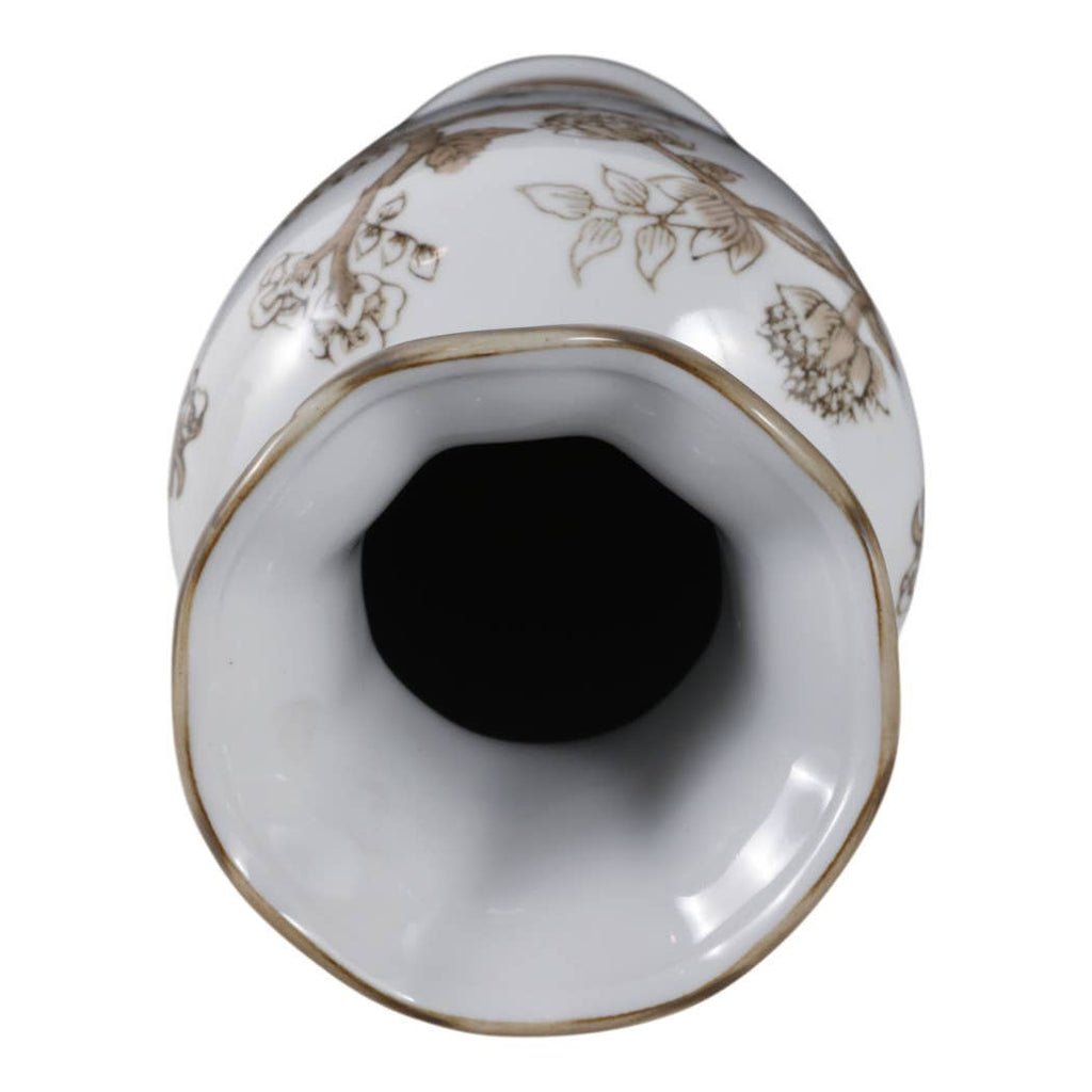 Brown and White Bird and Vine Vase