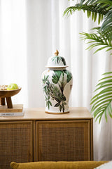 D9.5x18" White and Green Leaf Pattern Ginger Jar
