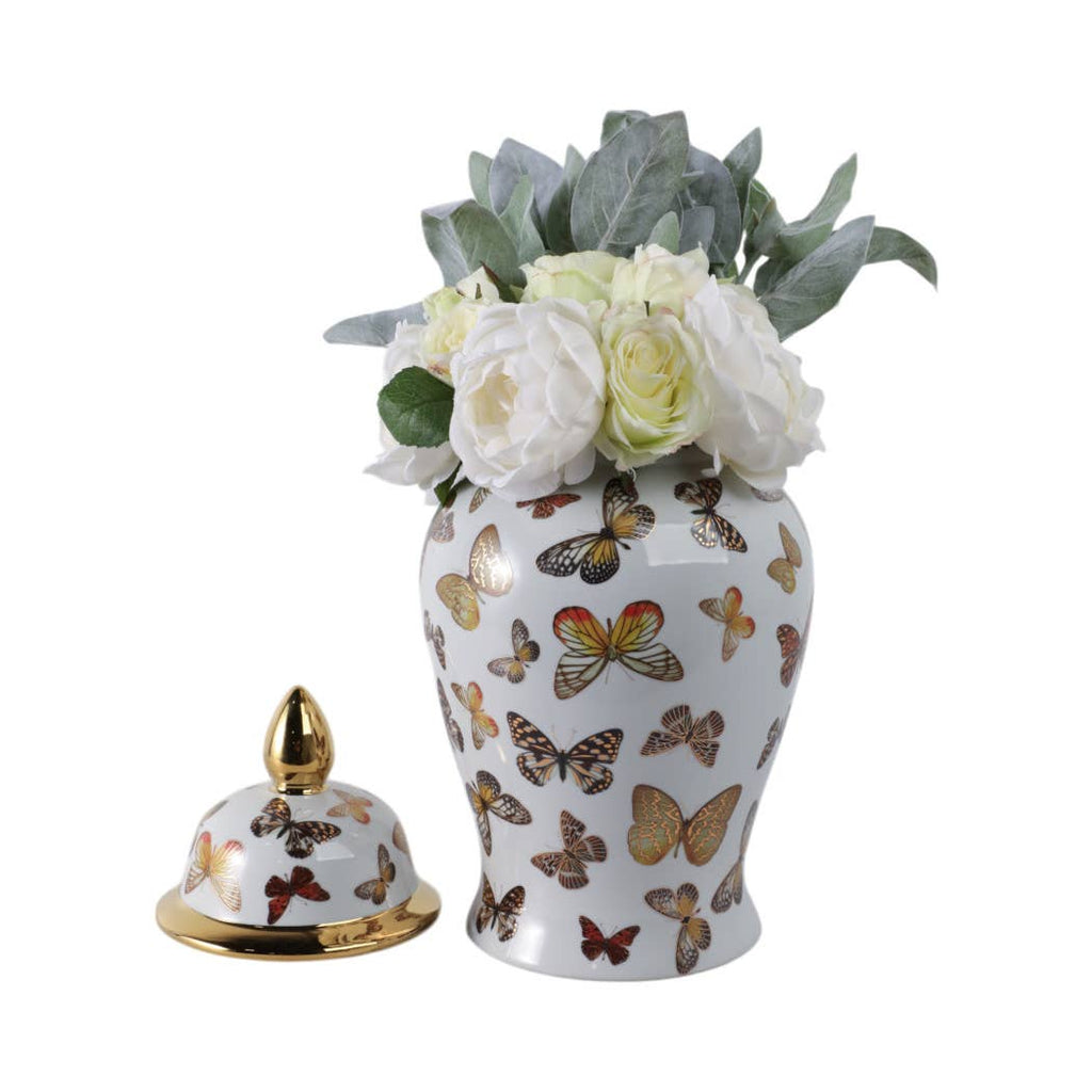White and Gold Butterfly Lidded Jar, Large