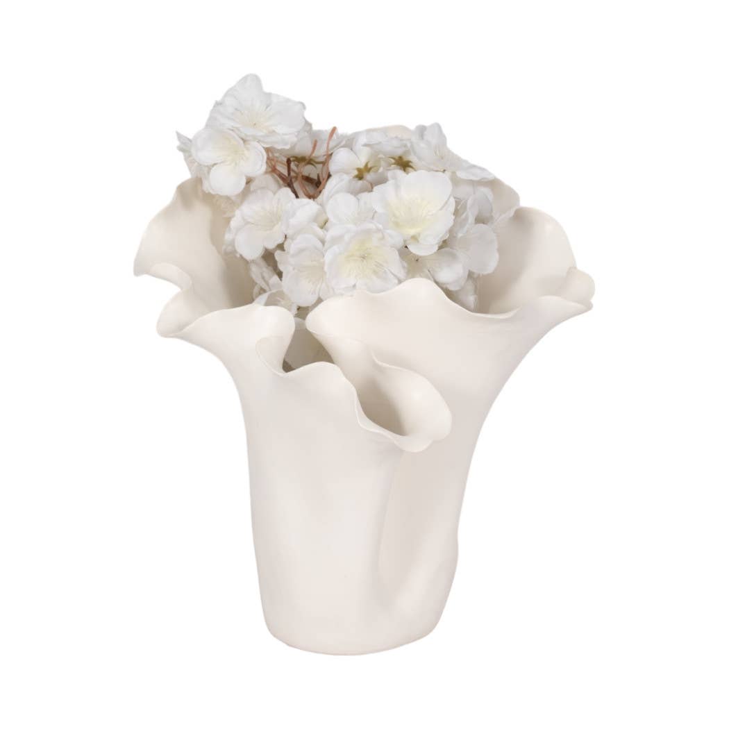 White Ruffled Edge Ceramic Vase, Medium
