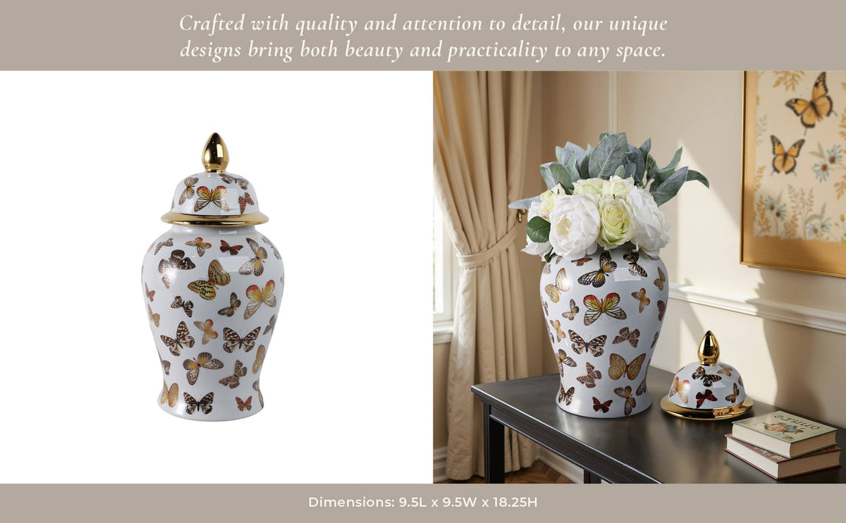 White and Gold Butterfly Lidded Jar, Large