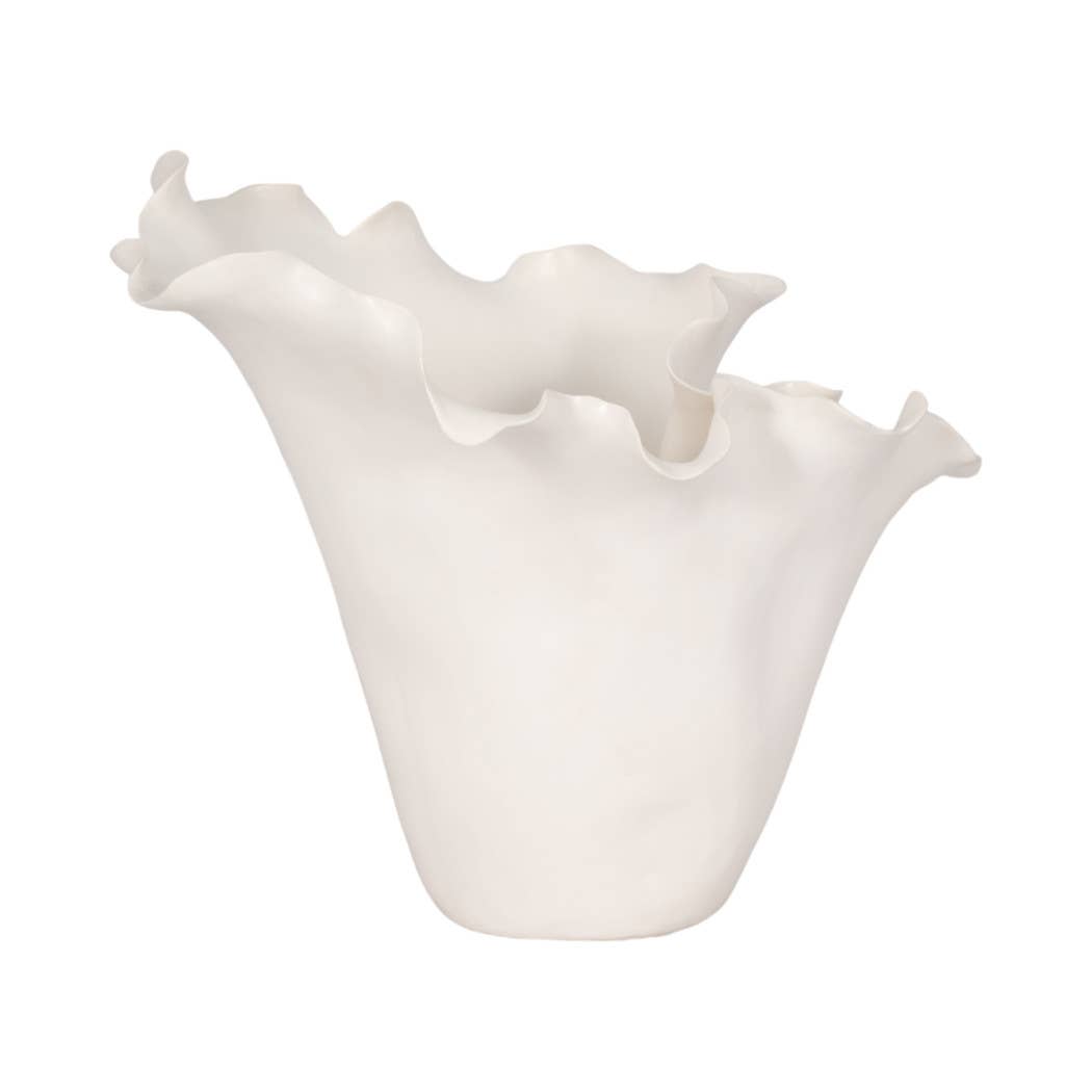 White Ruffled Edge Ceramic Vase, Medium