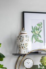 D8x16" White Ceramic Ginger Jar w/ Green Floral Gold Details