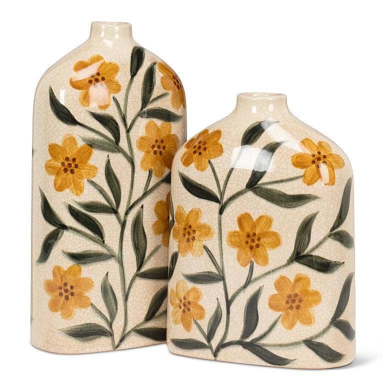 Yellow Floral Ceramic Flat Vase, Medium