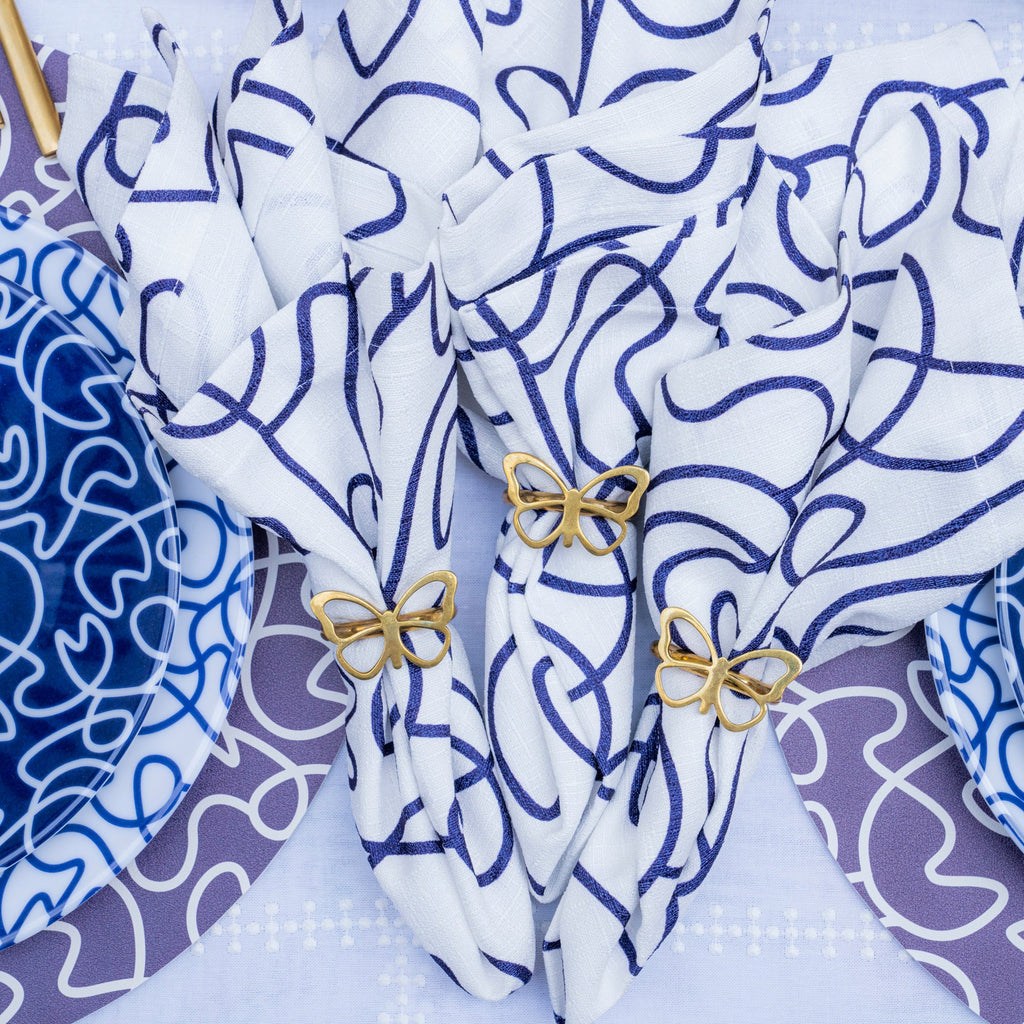 Navy Squiggly Faux Linen Napkins, Set of 4