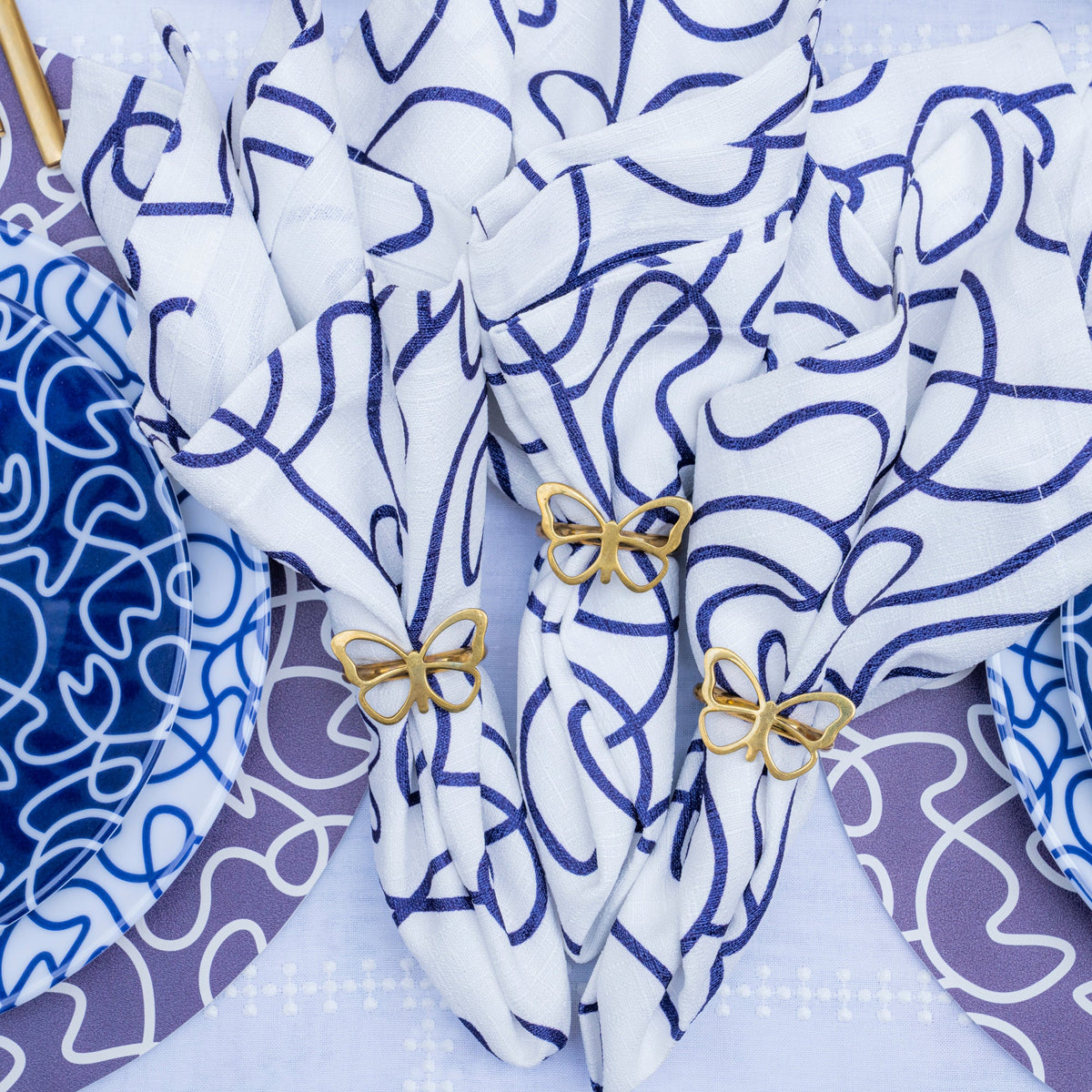 Navy Squiggly Faux Linen Napkins, Set of 4