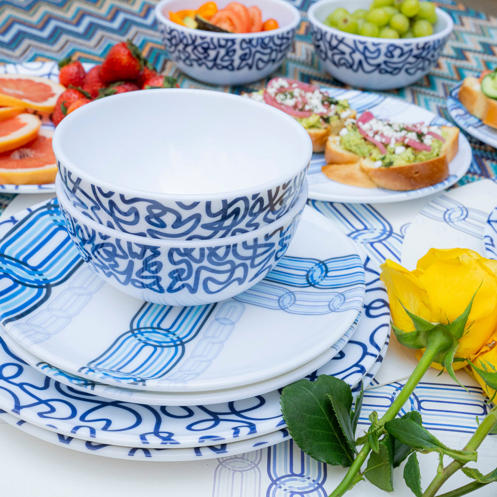 Navy Squiggly Melamine Bowls, Set of 4