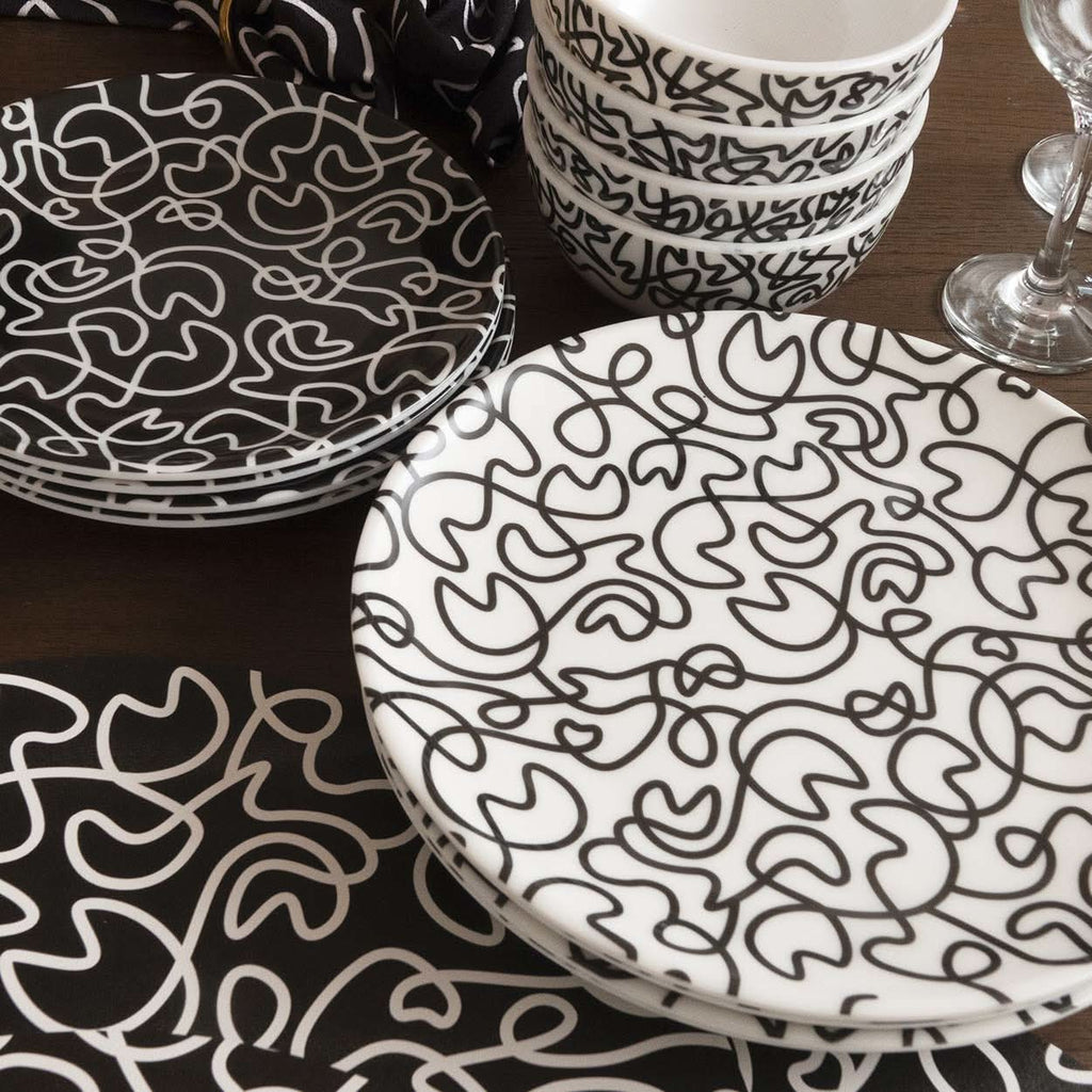 Black & White Squiggly Melamine Dinner Plates, Set of 4