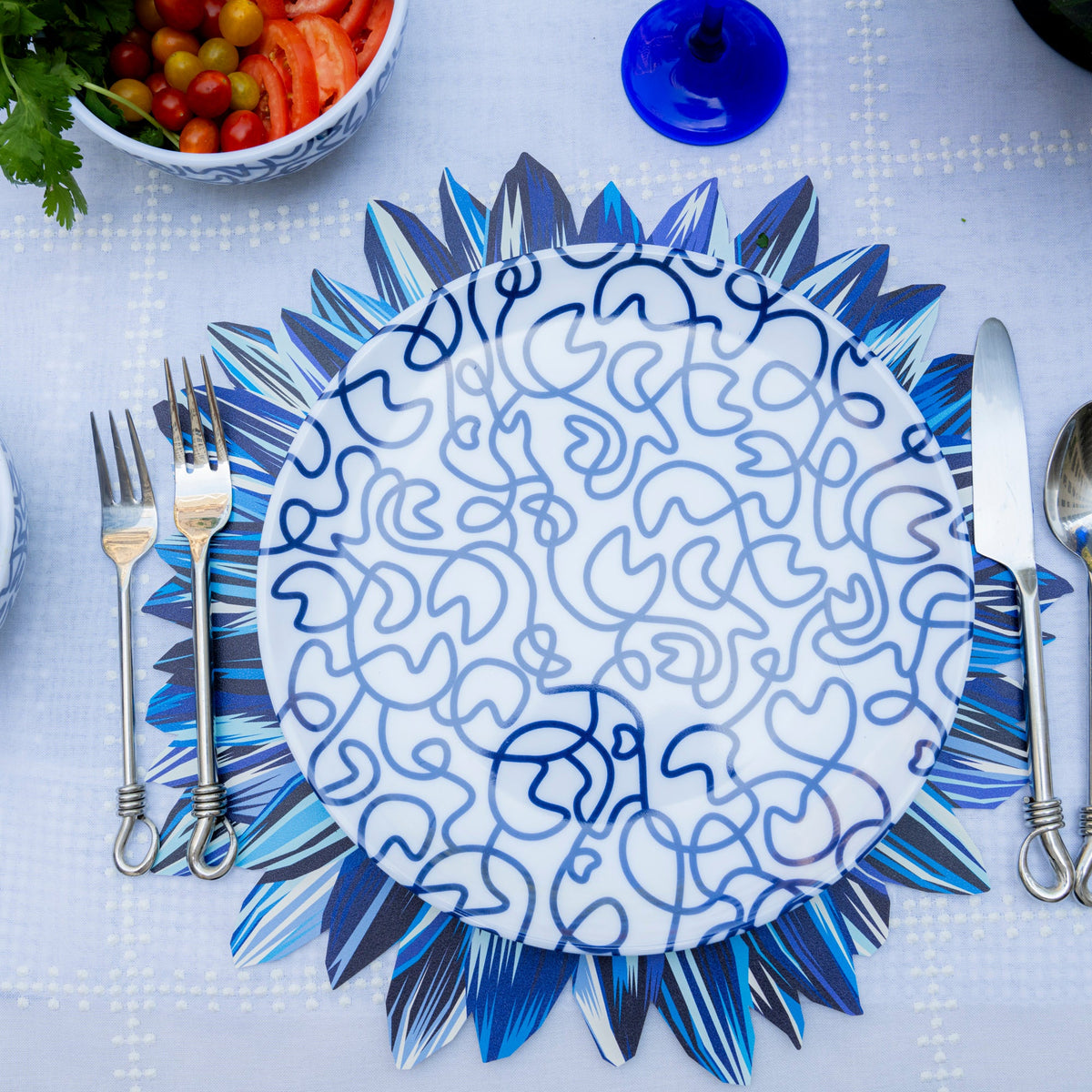Navy Squiggly Melamine Dinner Plates, Set of 4
