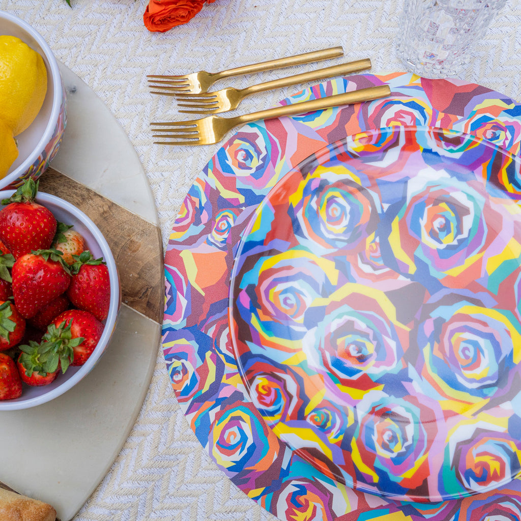 Multicolor Roses Melamine Dinner Plates, Set of 4