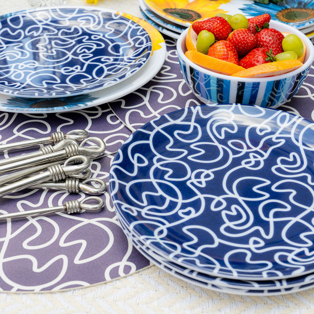 Navy Squiggly Melamine Salad Plates, Set of 4