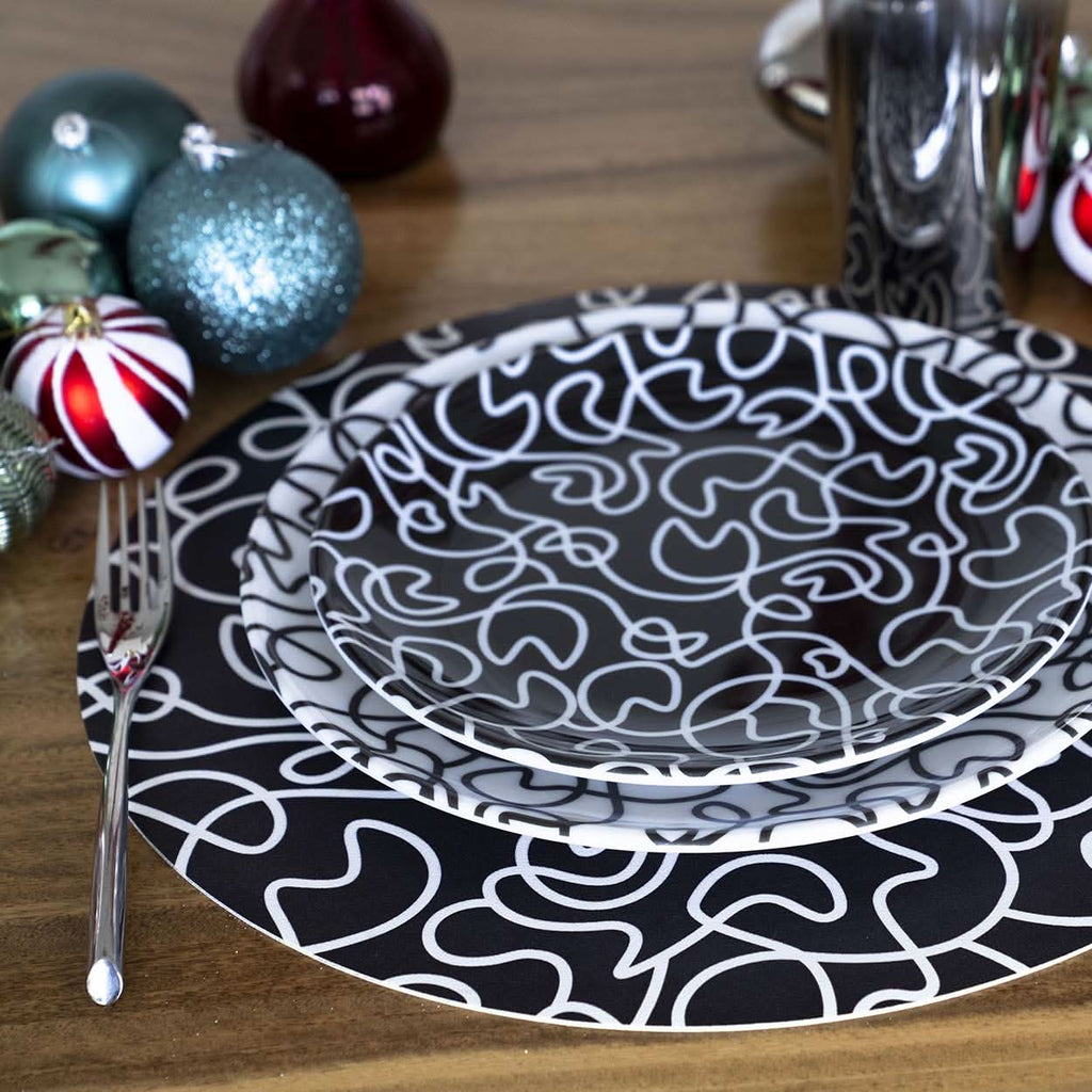 Black & White Squiggly Vinyl Placemats, Set of 4