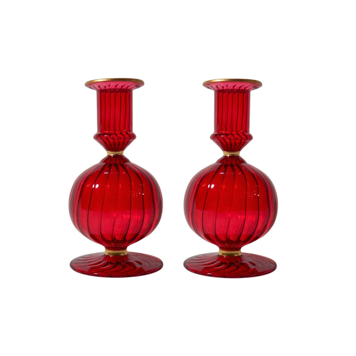 Callie Red Glass Candle Holder with Gold Trim, Set of 2