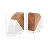 Bookends Set of 2 - White Marble Wood and Brass, 5 in.