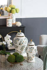 D8x16" White Ceramic Ginger Jar w/ Green Floral Gold Details