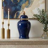 Decorative Jar - Navy/Gold Ceramic Glossy With Lid, 18 in.