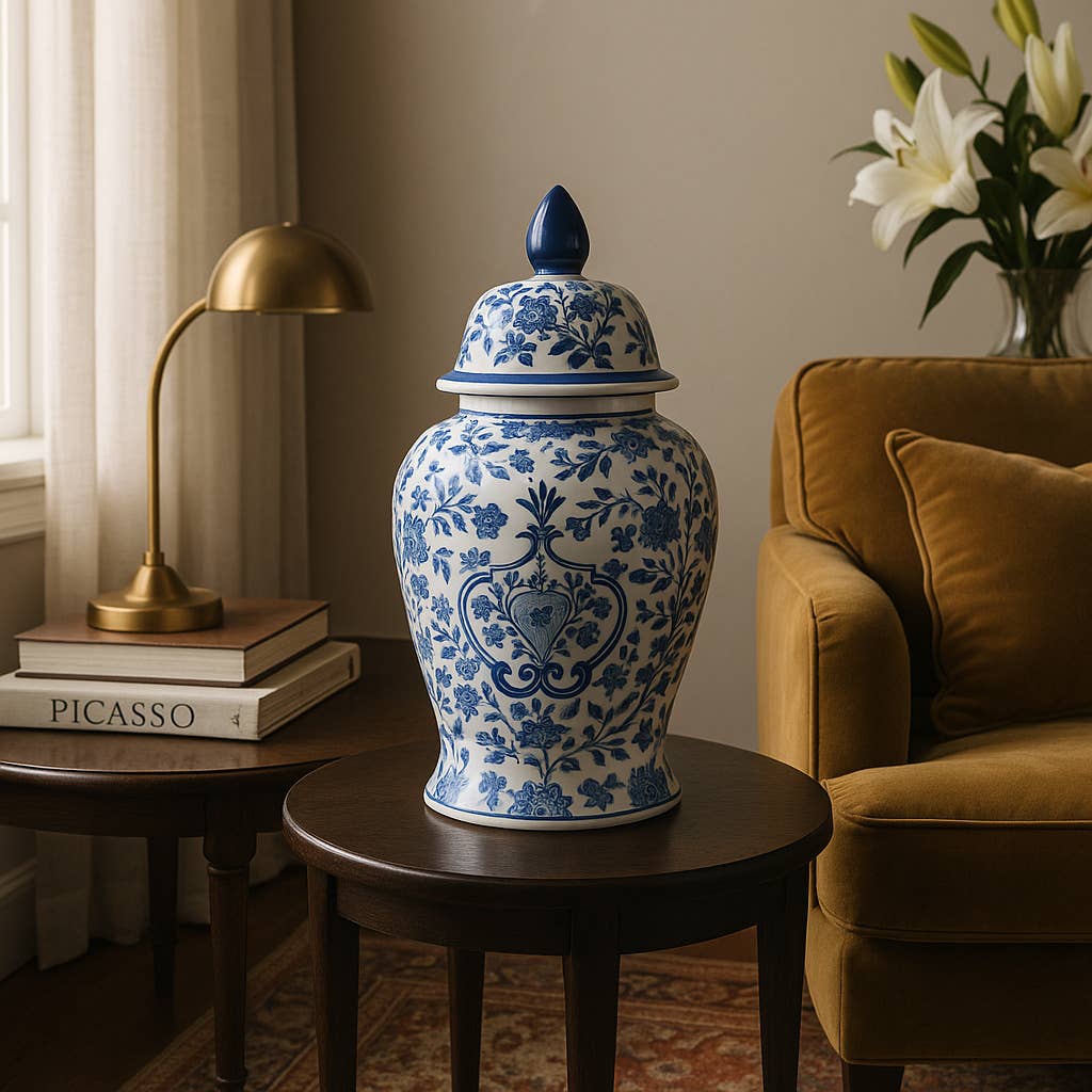 White and Blue Chinoiserie Lidded Jar, Medium
