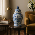 White and Blue Chinoiserie Lidded Jar, Medium