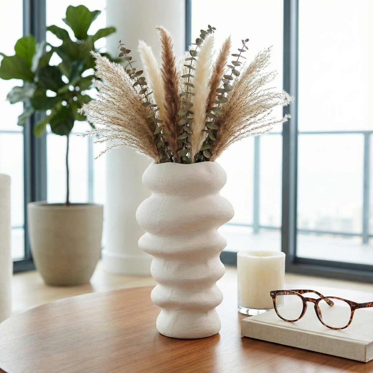 White Wavy Stacked Ripple Vase