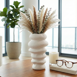 Decorative Vase - White Ceramic Wavy Stacked Ripple, 12 in.