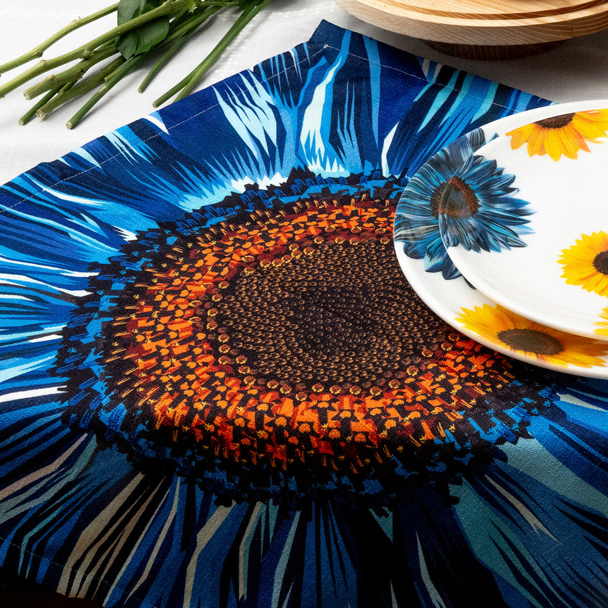 Blue Sunflower Faux Linen Napkins, Set of 4
