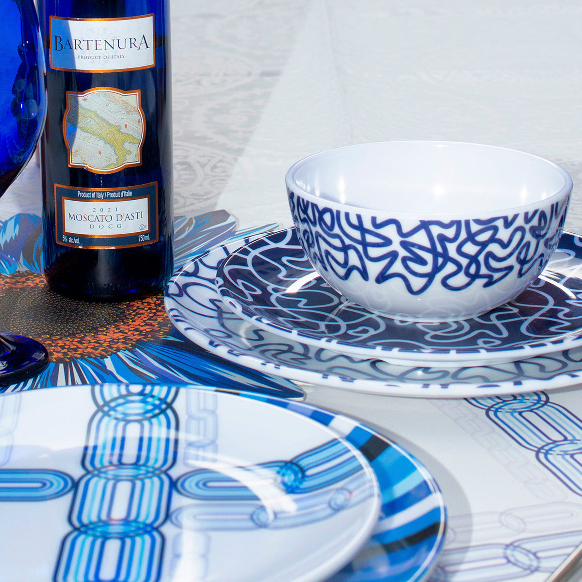 Navy Squiggly Melamine Bowls, Set of 4