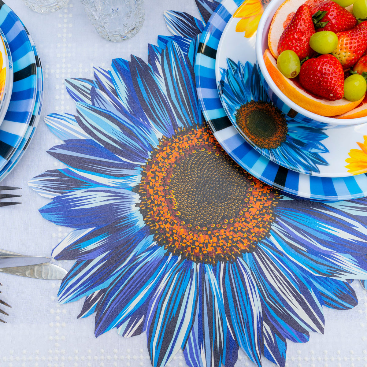 Blue Sunflower Vinyl Placemats, Set of 4