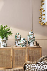 D9.5x18" White and Green Leaf Pattern Ginger Jar