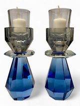 Modern Cut Candle Holder in Cobalt/ Smoke