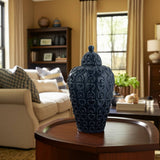 Decorative Jar - Blue Ceramic Chain Texture Lidded, 12 in.
