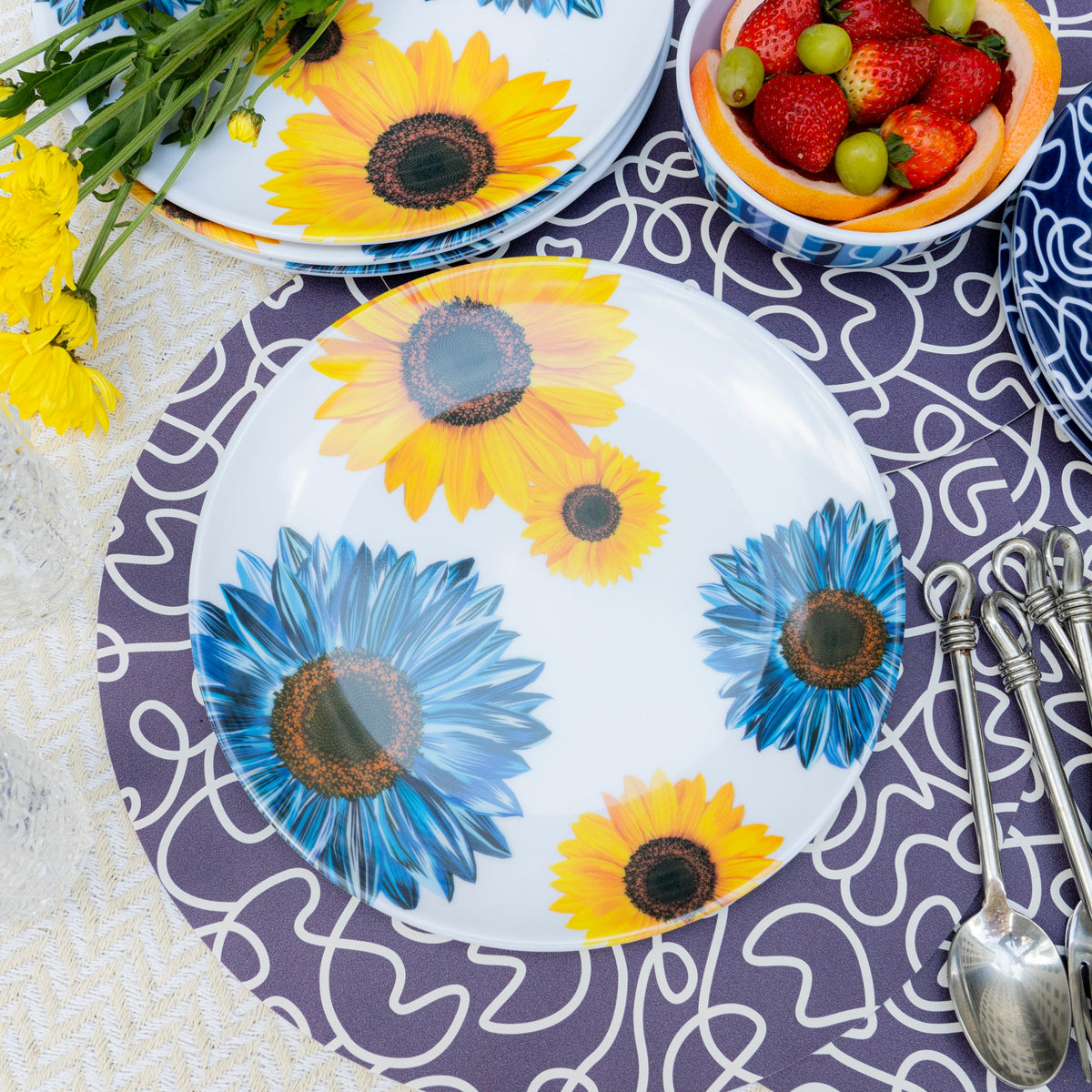 Blue Sunflower Melamine Dinner Plates, Set of 4