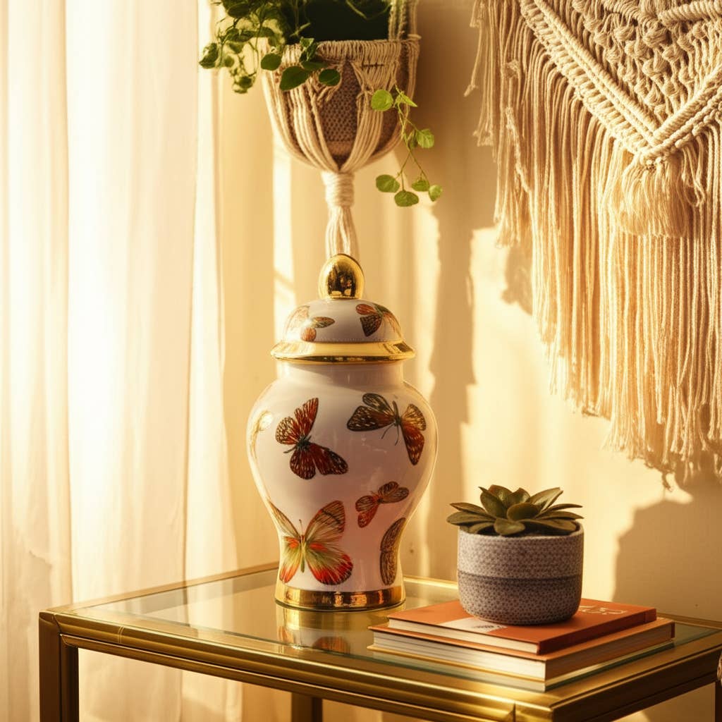 White and Black Butterfly Lidded Jar, Small