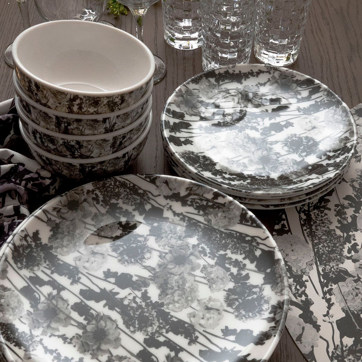 Grayscale Floral Garden Melamine Starter Set, 12-Piece (Service for 4)
