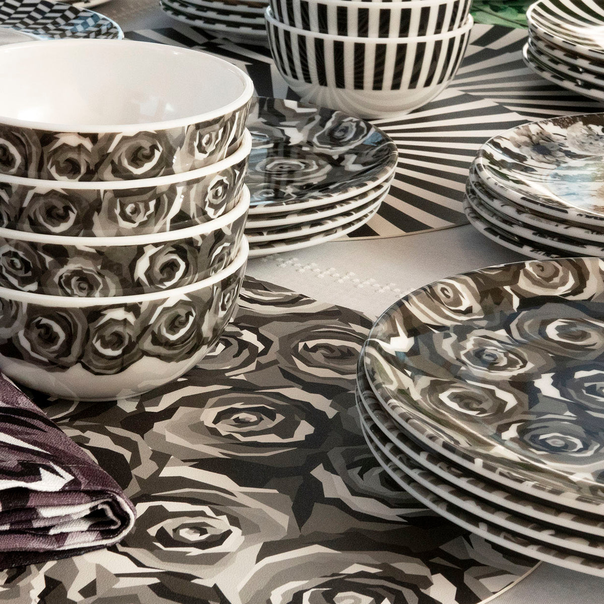 Grayscale Roses Melamine Starter Set, 12-Piece (Service for 4)