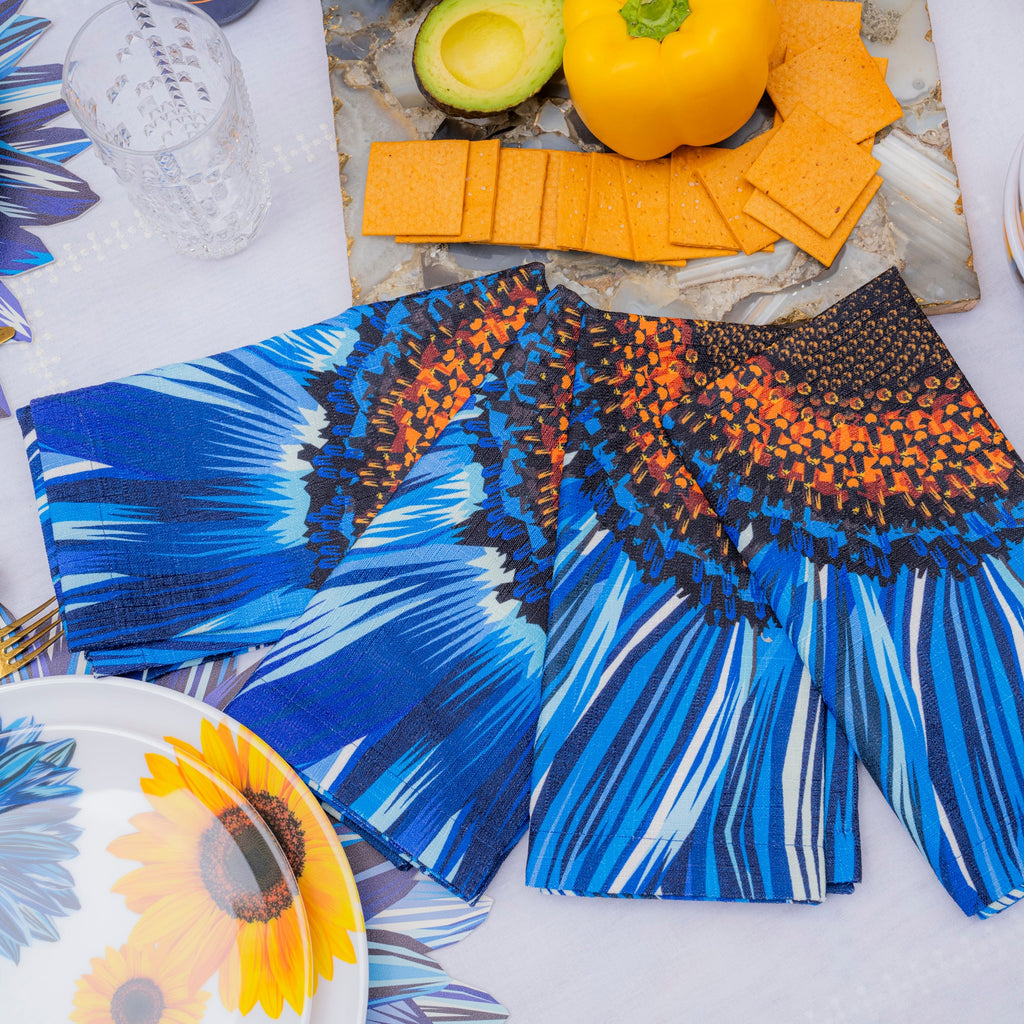 Blue Sunflower Faux Linen Napkins, Set of 4