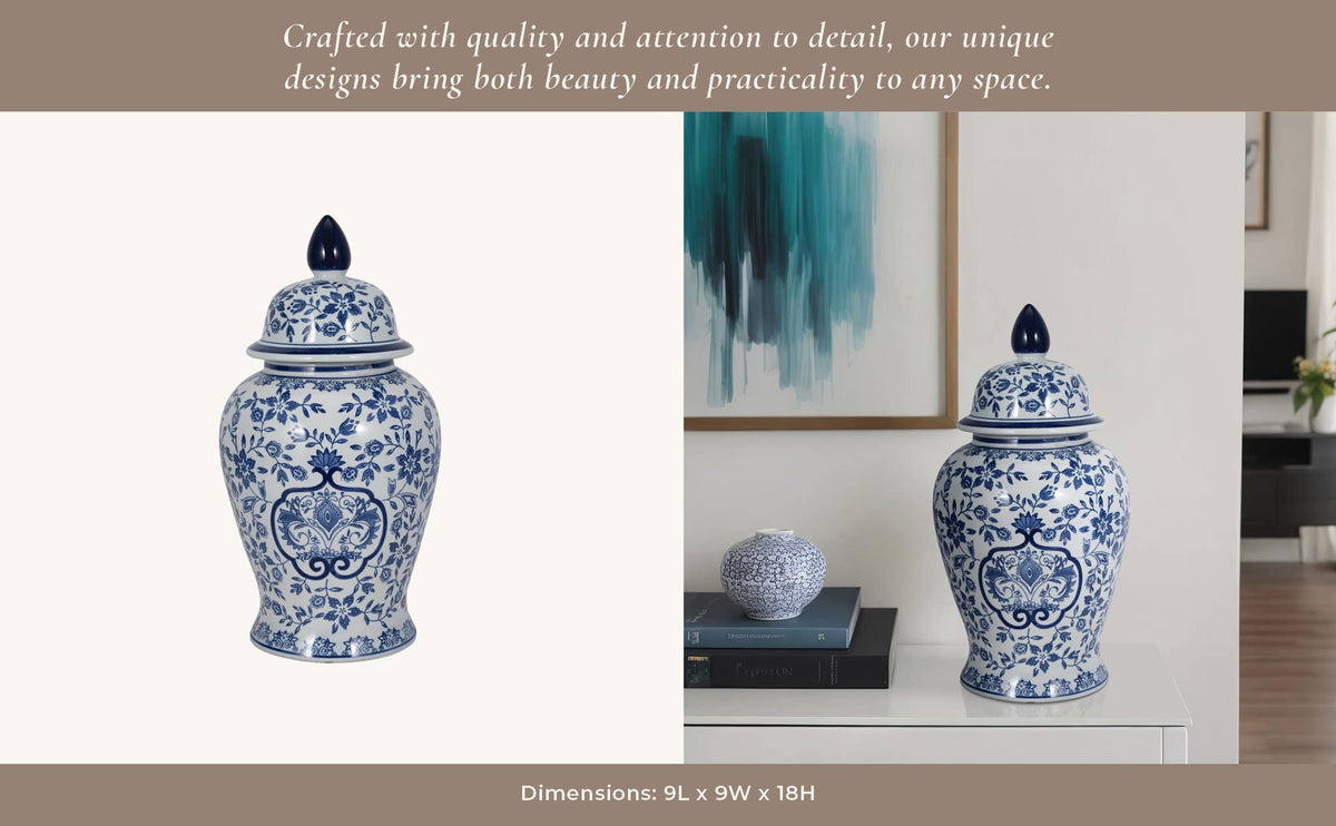 White and Blue Chinoiserie Lidded Jar, Medium