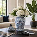Decorative Jar - White/Blue Ceramic Chinoiserie Charm, 18 in